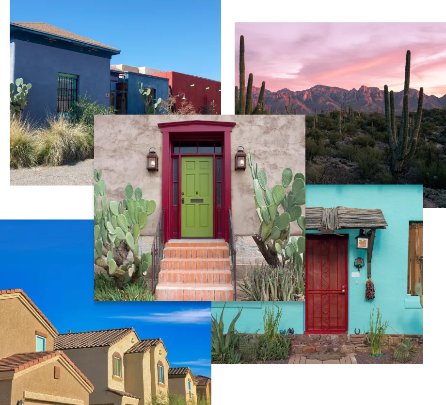 Tucson homes and scenery: a blue adobe house, saguaros under a pink desert sky, a green front door between prickly pears, a turquoise house with a red door, and stucco houses with tile roofs